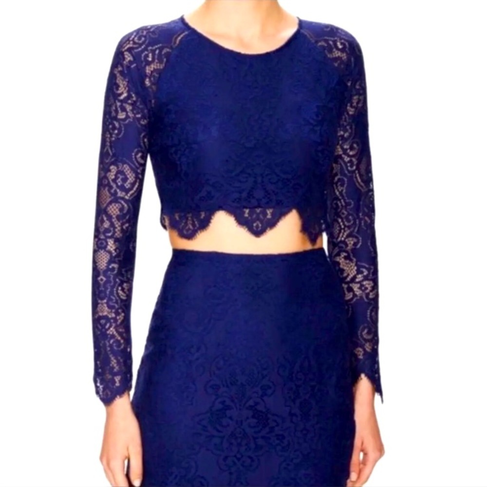For Love & Lemons Navy Blue Lace Long-Sleeve Crop Top